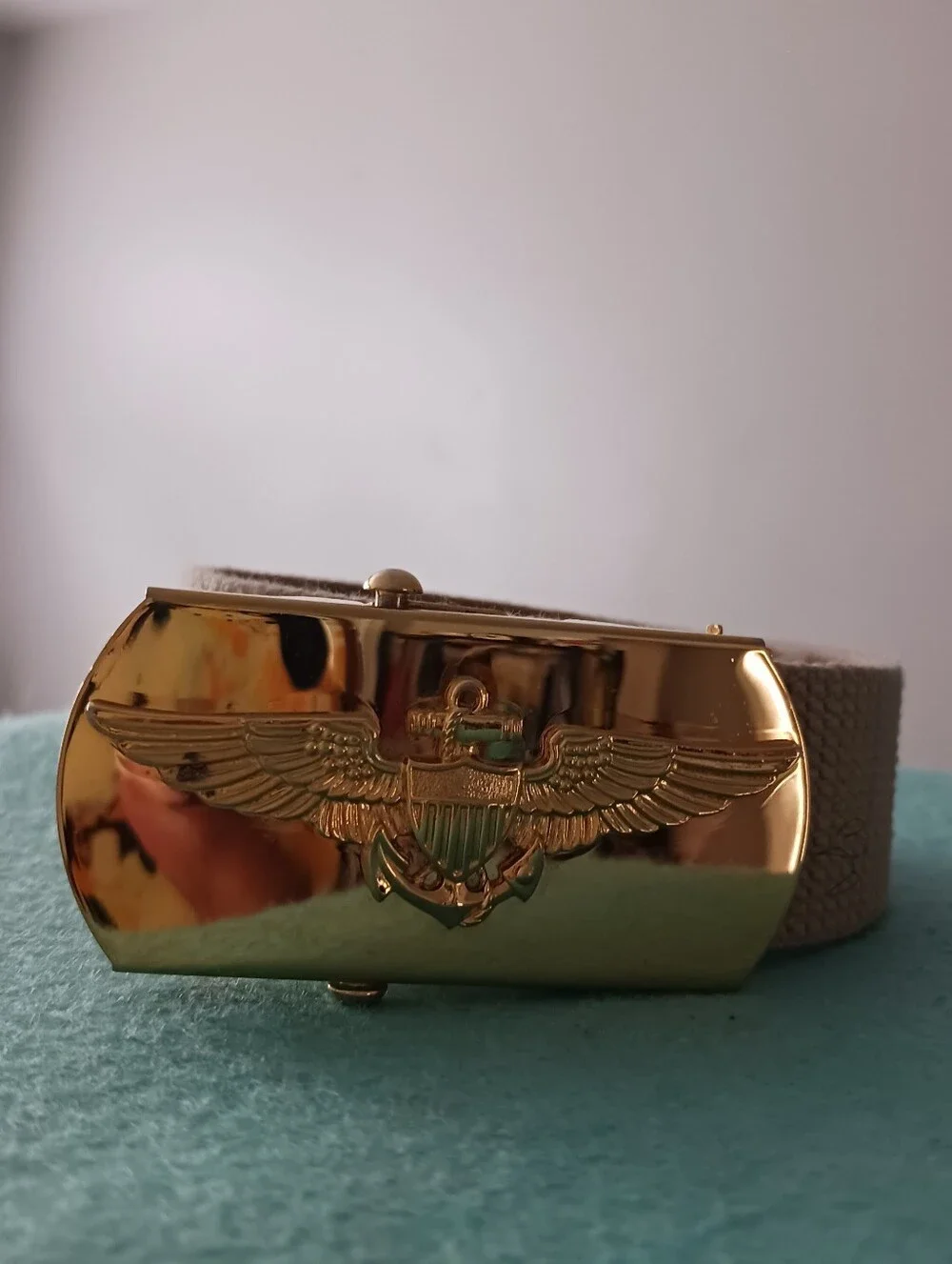 VANGUARD US Military Eagle Belt Buckle , Brass Made In USA Woven Tan Belt 39in